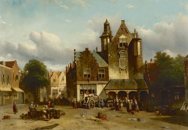 Adriaan Vrolijk | Marktgezicht met visbank en gebouw geïnspireerd op het Haagse Binnenhof, olieverf op paneel, 48,0 x 68,0 cm, gesigneerd r.o. en gedateerd '58