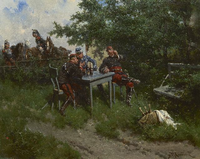 Koekkoek H.W.  | Franse officieren en bereden kurassiers op oefening, olieverf op doek 43,5 x 53,2 cm, gesigneerd r.o. en te dateren 1892