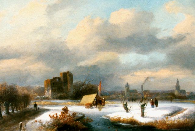 Johannes Petrus van Velzen | Winterlandschap met schaatsers, olieverf op paneel, 18,0 x 22,2 cm, gesigneerd r.o.