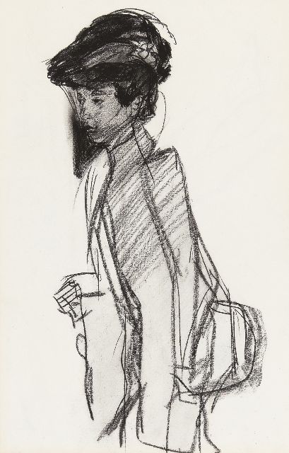 Isaac Israels | Dame met hoed, houtskool op papier, 42,0 x 27,0 cm