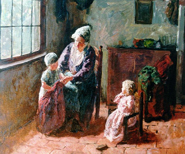 Bernard Pothast | Moeder en kinderen in interieur (studie), olieverf op doek, 53,0 x 65,0 cm
