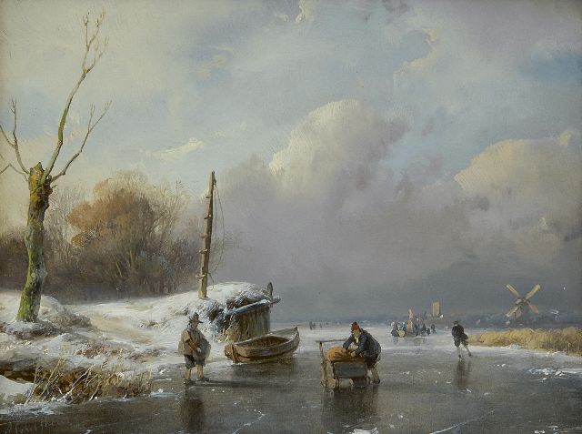 Andreas Schelfhout | Schaatsers en duwslee op een bevroren vaart, olieverf op paneel, 14,6 x 18,8 cm, gesigneerd l.o. en gedateerd '48?