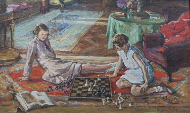 Borgen Lindhardt S.  | Het spelletje schaak, olieverf op paneel 25,1 x 42,2 cm, gesigneerd r.o.