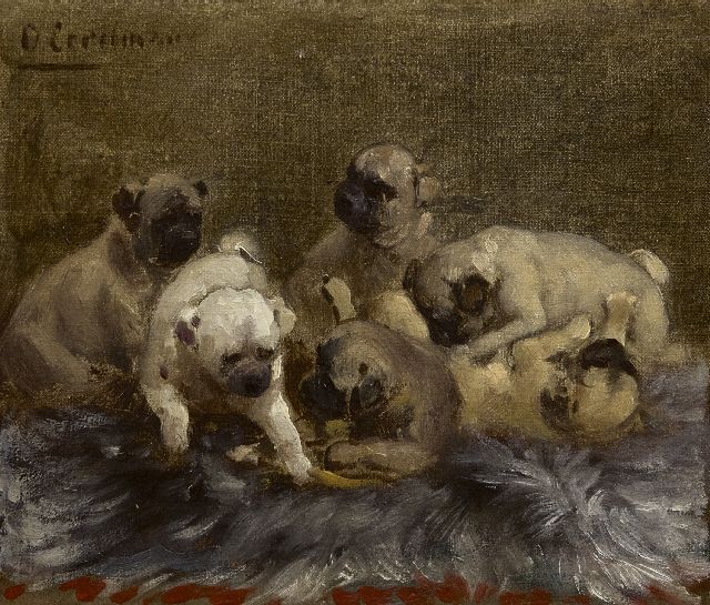 Otto Eerelman | Spelende pups, olieverf op doek op board, 18,8 x 21,5 cm, gesigneerd l.b.
