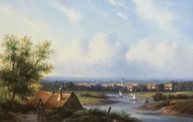 Carl Eduard Ahrendts | Zomers rivierlandschap, olieverf op paneel, 14,3 x 21,5 cm, gesigneerd r.o. (vaag)
