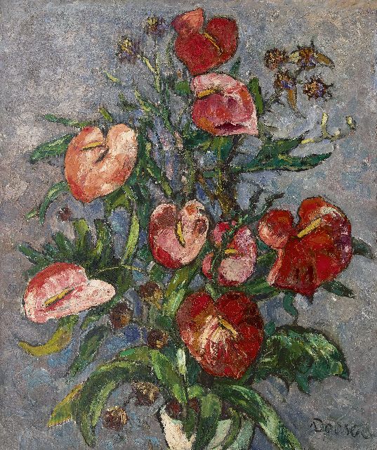 Jacobus Doeser | Stilleven met anthuriums, olieverf op doek, 97,1 x 80,4 cm, gesigneerd r.o.