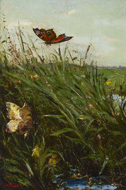 Frans Helfferrich | Vlinders bij een rietkraag, olieverf op paneel, 29,8 x 20,0 cm, gesigneerd l.o.