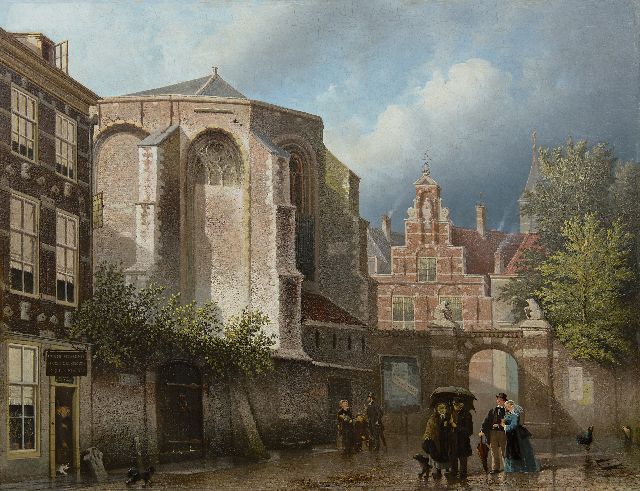 Joseph Bles | Regen en zonneschijn op een kerkplein, olieverf op paneel, 51,9 x 67,9 cm, gesigneerd l.o.