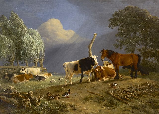 Henriette Ronner | Weidelandschap met paard en rundvee bij opkomende storm, olieverf op doek, 75,9 x 104,6 cm, gesigneerd r.o. en gedateerd 1842