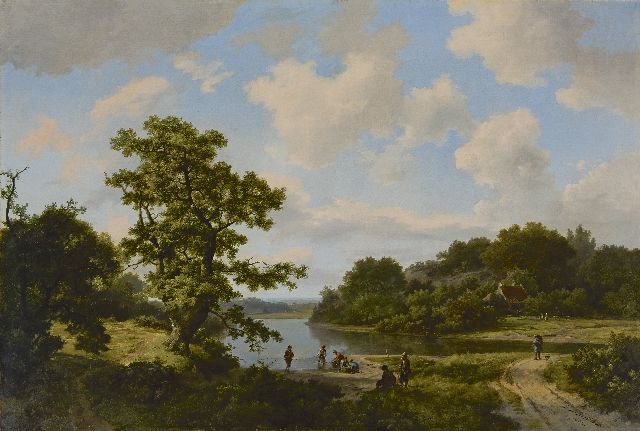 Koekkoek/Koekkoek sr. M.A. I /H. M.A.I /H.  | Boomrijk landschap met vissers bij een rivier, olieverf op doek 67,0 x 99,8 cm, gesigneerd r.o. en gedateerd 1866