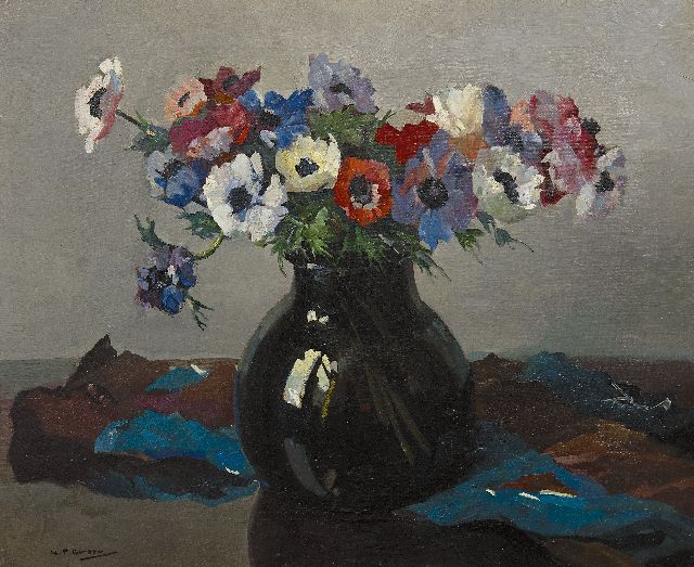 Piet Groen | Anemonen in vaas, olieverf op doek, 45,0 x 55,1 cm, gesigneerd l.o