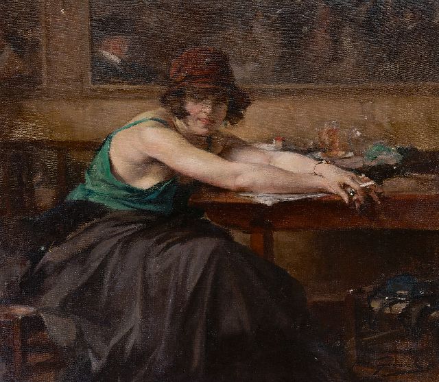 Jean Gouweloos | Vrouw aan cafétafel, olieverf op doek, 70,5 x 80,4 cm, gesigneerd r.o.