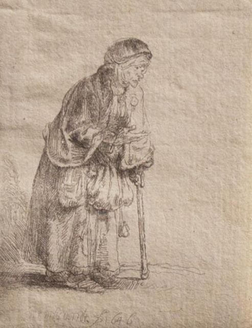 Rembrandt | Bedelares, leunend op een stok, ets, 8,0 x 6,3 cm, gesigneerd m.o. in de plaat en gedateerd 1646 in de plaat