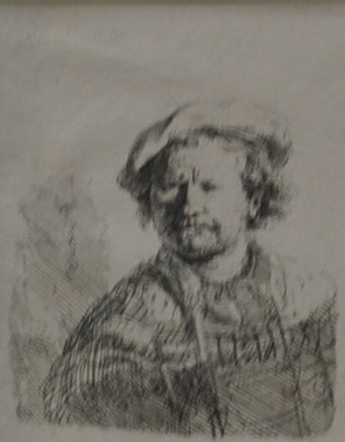 Rembrandt | Zelfportret met baret en bewerkte mantel, ets, 9,2 x 6,2 cm, te dateren ca. 1642