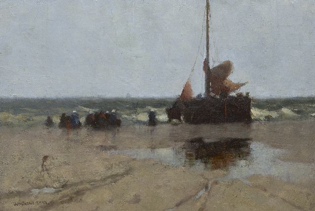Castle Keith W.  | Bomschuit op het strand van Katwijk, olieverf op doek op board 26,5 x 38,7 cm, gesigneerd l.o.