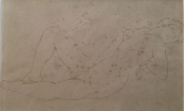 Toon Kelder | Liggend naakt, pen en inkt op papier (op board), 19,6 x 29,8 cm, gesigneerd r.o.