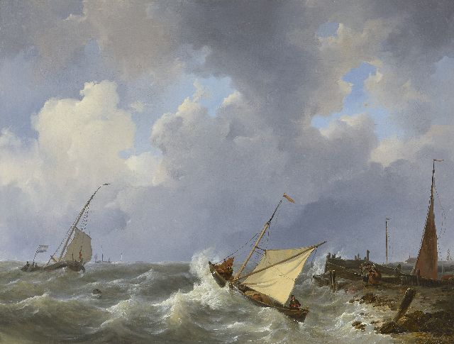 Johannes Christianus Schotel | Zeilschepen op ruwe zee bij een haveningang, een zeilschip voor anker in de branding, olieverf op doek, 55,6 x 73,4 cm, gesigneerd r.o. en gedateerd 1825