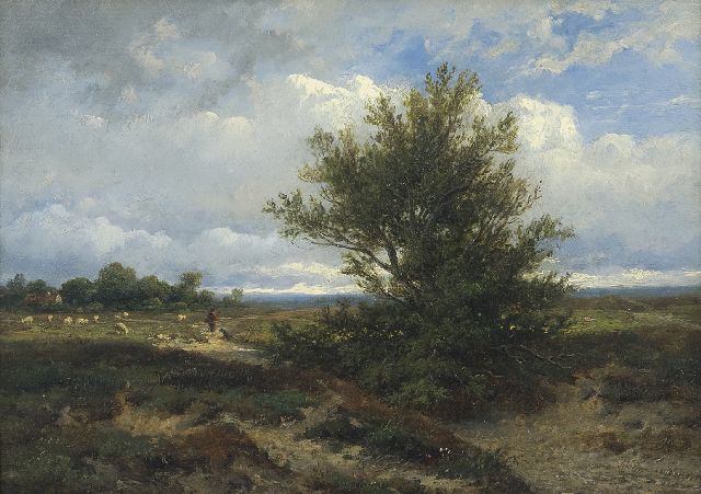 Wijngaerdt A.J. van | Heidelandschap met herder en schapen, olieverf op paneel 22,3 x 31,0 cm, gesigneerd r.o. en gedateerd 1865
