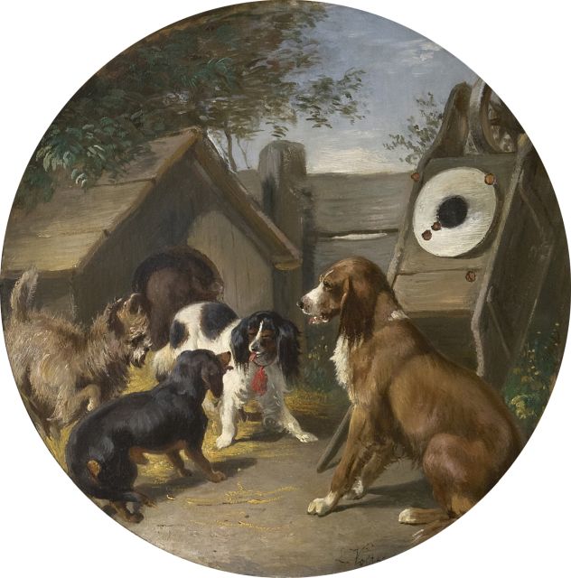 Ludwig Voltz | Hondenvermaak, olieverf op papier op paneel, 24,8 x 24,6 cm, gesigneerd r.o.
