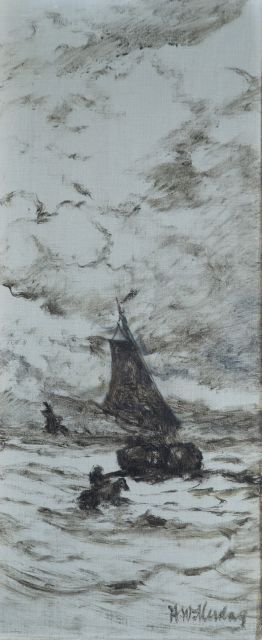 Hendrik Willem Mesdag | Lijnhaalder en bomschuit in de branding, olieverf op doek, 61,4 x 26,6 cm, gesigneerd r.o. en te dateren ca. 1909