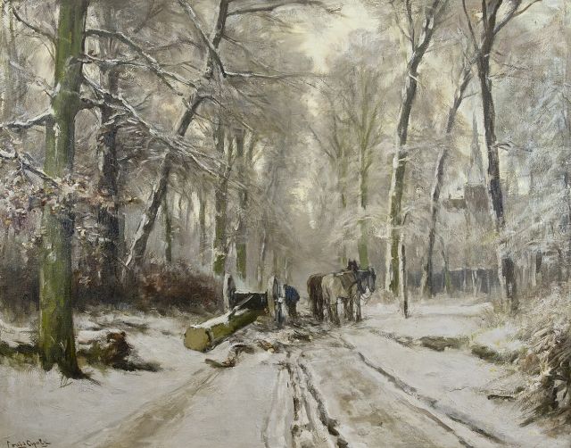 Louis Apol | Mallejan in het besneeuwde Haagse Bos, olieverf op doek, 73,4 x 92,8 cm, gesigneerd l.o.