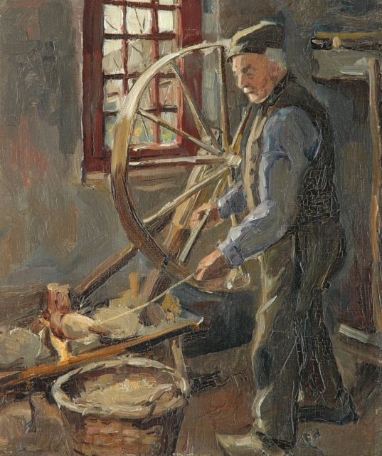 Piet Mondriaan | Interieur met touwtwijnende man, olieverf op doek op board, 34,0 x 28,0 cm, te dateren ca. 1893-97