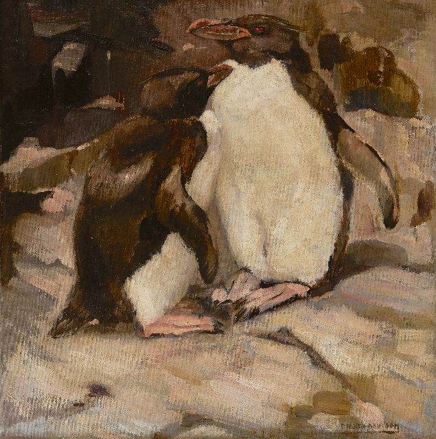 Greta Bruigom | Pinguïns, olieverf op doek, 46,1 x 45,3 cm, gesigneerd r.o. en op spieraam