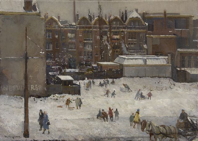 Piet Groen | Sneeuwpret in Rotterdam (waarschijnllijk langs de brandgrens van 14 mei 1940), olieverf op doek, 50,4 x 70,5 cm, gesigneerd l.o.