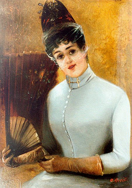 Greil A.  | Portret van een modieuze vrouw, olieverf op paneel 35,4 x 25,5 cm, gesigneerd r.o.