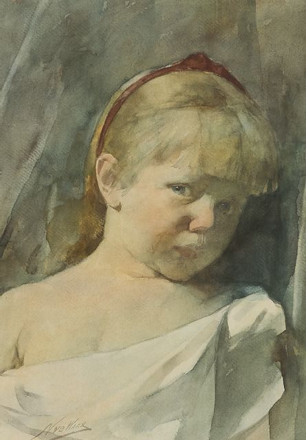 Waay N. van der | Meisjesportret, aquarel op papier 49,5 x 34,3 cm, gesigneerd l.o.