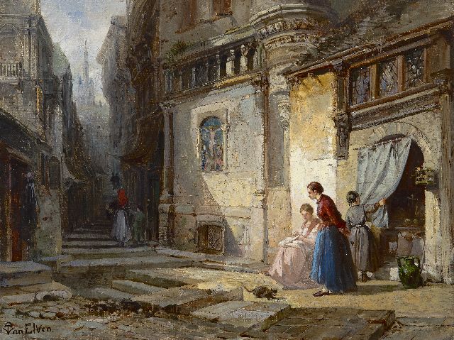 Pierre Tetar van Elven | Doorkijkje in oud Milaan met in de verte de Kathedraal, olieverf op doek, 24,6 x 32,5 cm, gesigneerd l.o.