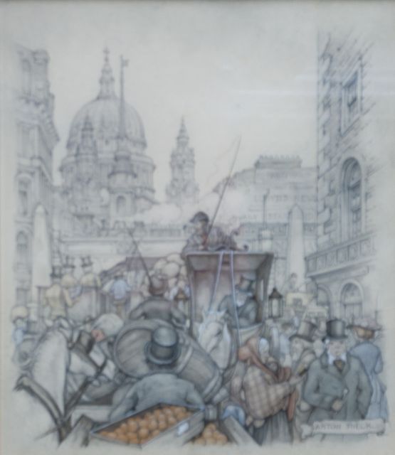 Anton Pieck | Rijtuigen in Fleetstreet, Londen, potlood en aquarel op papier, 23,2 x 19,3 cm, gesigneerd r.o.