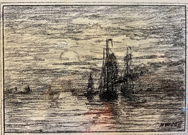 Hendrik Willem Mesdag | Schepen bij ondergaande zon, litho, 12,5 x 17,5 cm, gesigneerd r.o.