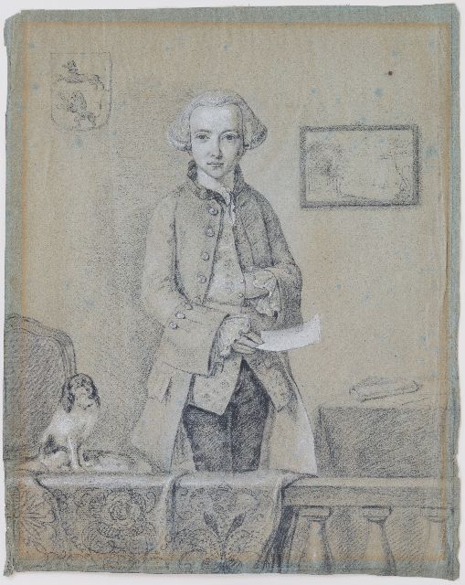 Jelgerhuis R.  | Patriot met pamflet  i.o., krijt op papier 38,2 x 31,0 cm, gesigneerd m.r. op koker (onleesbaar)