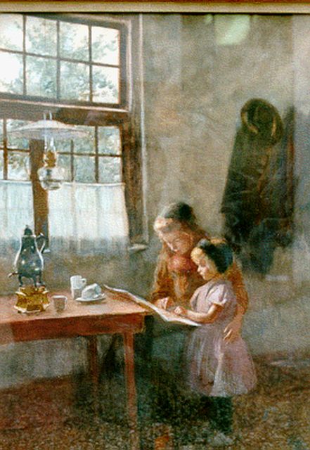 Heinrich Martin Krabbé | Lezende zusjes bij het raam, aquarel op papier, 73,0 x 54,0 cm, gesigneerd l.o.