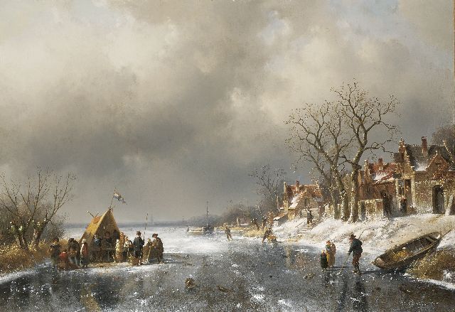 Charles Leickert | Koek-en-zopie op het ijs aan de rand van een dorp, olieverf op doek, 71,4 x 103,2 cm, gesigneerd r.o.