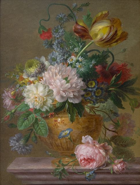 Willem van Leen | Bloemstilleven met pioenrozen en tulpen, olieverf op paneel, 48,8 x 36,7 cm, gesigneerd l.o.