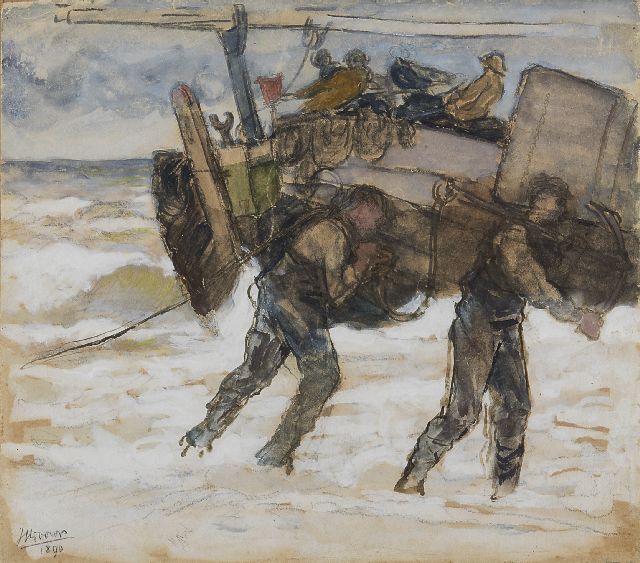 Jan Toorop | Het vertrek van de bomschuit, krijt en aquarel op papier op board, 25,2 x 28,2 cm, gesigneerd l.o. en gedateerd 1890