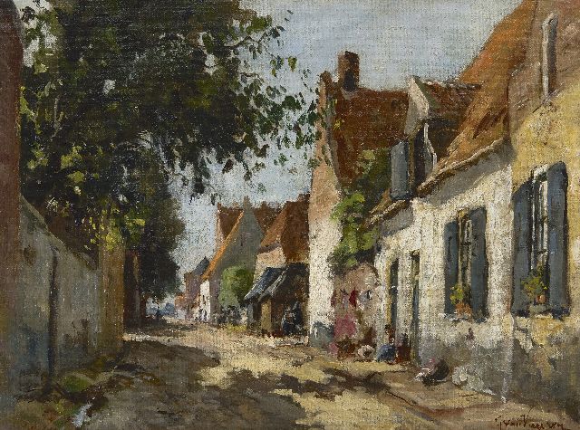 Jan van Vuuren | Zonnig straatje in Elburg, olieverf op doek, 30,0 x 39,8 cm, gesigneerd r.o.