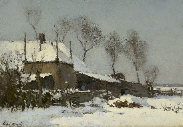 Chris van der Windt | Boerderij in de sneeuw, olieverf op doek op paneel, 21,5 x 29,7 cm, gesigneerd l.o.