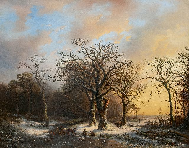 Willem Bodeman | Ontmoeting op het ijs bij zonsondergang, olieverf op doek, 84,6 x 106,3 cm, gesigneerd r.o. 'Bodeman' (landschap) en 'EV' op de ton en te dateren ca. 1846