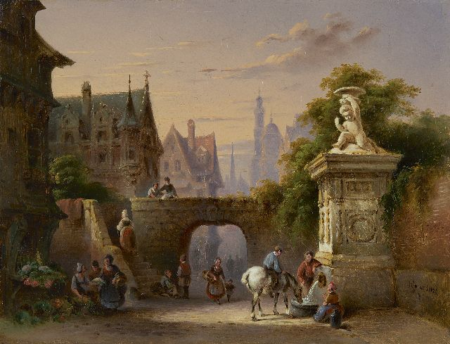 Jan David Geerling | Stadsgezicht met figuren bij een waterpomp, olieverf op doek, 27,3 x 35,9 cm, gesigneerd r.o. en gedateerd 1852