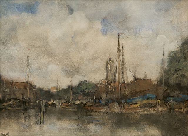Jacob Maris | Gezicht op binnenhaven met de Dom van Utrecht op de achtergrond, aquarel op papier, 42,0 x 57,4 cm, gesigneerd l.o.
