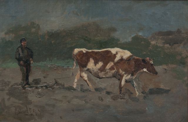 Paul Joseph Constantin Gabriel | Ploegende boer, olieverf op doek op paneel, 22,3 x 33,0 cm, gesigneerd l.o. en gedateerd '92