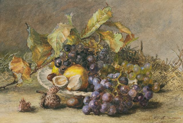 Sande Bakhuyzen G.J. van de | Stilleven met druiven en kastanjes, aquarel op papier 34,5 x 50,3 cm, gesigneerd r.o.