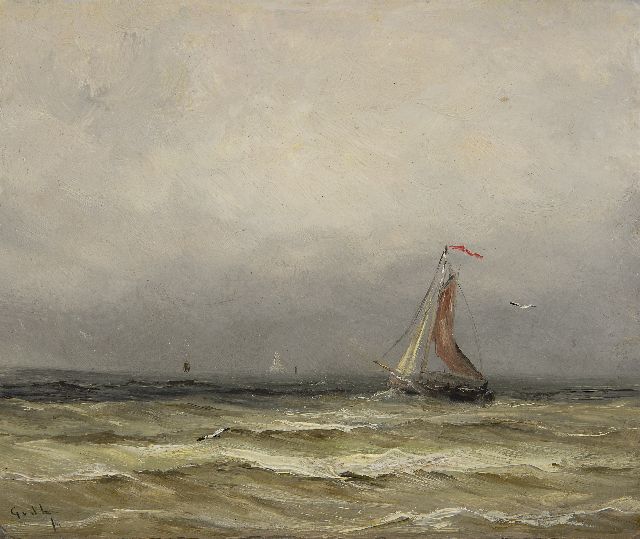 Gerard van der Laan | Scheveningse bomschuit op zee, olieverf op schildersboard, 15,7 x 18,6 cm, gesigneerd l.o. met initialen