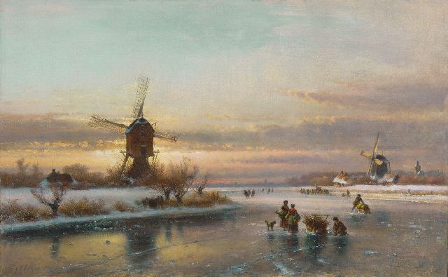 Lodewijk Johannes Kleijn | Winterlandschap met schaatsers bij een molen, olieverf op doek, 50,1 x 80,0 cm, gesigneerd l.o.