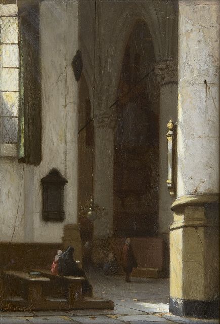 Jan Jacob Schenkel | Interieur van de Hooglandse Kerk te Leiden, olieverf op paneel, 21,4 x 15,1 cm, gesigneerd l.o.