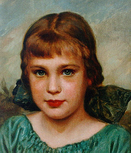 Fritz Erler | Portret van een jong meisje met strik, olieverf op doek op paneel, 32,0 x 28,0 cm, gesigneerd l.o.