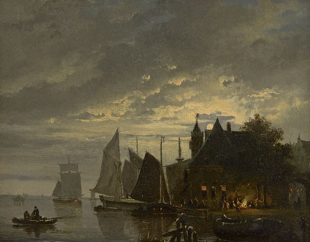 Hendrik Gerrit ten Cate | Veerstoep en aangemeerde zeilschepen bij maanlicht, olieverf op paneel, 25,1 x 32,0 cm